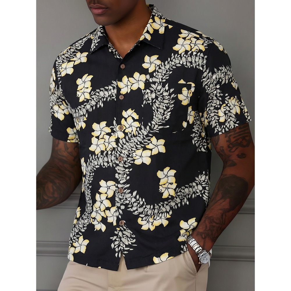Tommy Bahama Floral‎ Lei Camp Shirt XL Black Yellow Herringbone Aloha Good